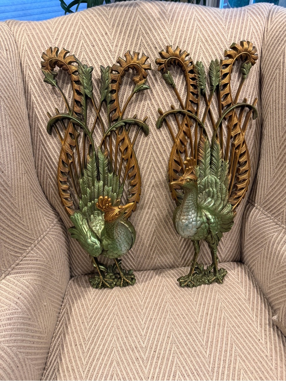Vintage Burwood Pair of Ornate Peacock  Wall Plaques in Green and Gold